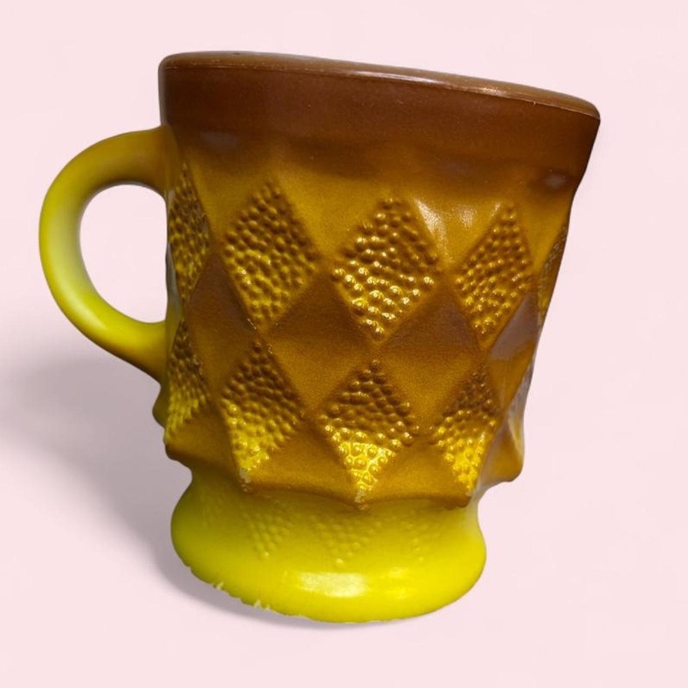 Vintage Indiana Glass Tiara Diamond Point Amber Yellow Footed Mug Retro Cup